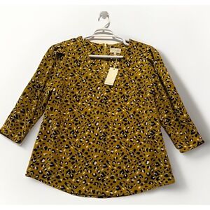 Melloday Blouse Womens  X Yellow Animal Print‎ 3/4 Sleeve Gold Zipper Accent